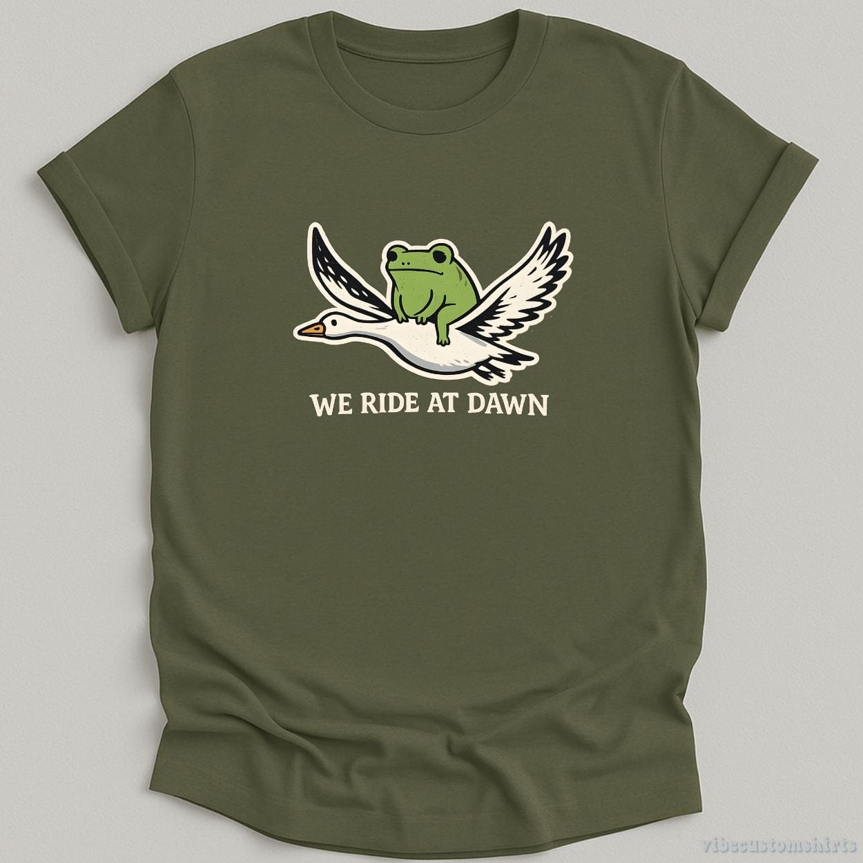T-Shirt Military Green / S We Ride At Dawn Frog Riding Goose Vintage Shirt