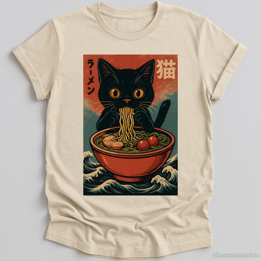 T-Shirt Natural / S Anime Cat Ramen Japanese Funny Graphic Shirt