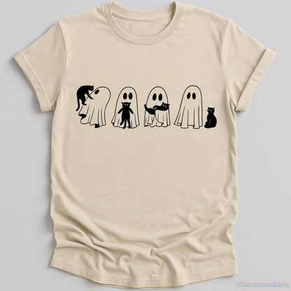 T-Shirt Natural / S Black Cat & Ghost Funny Halloween Shirt