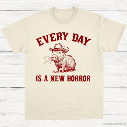 T-Shirt Natural / S Every Day Is a New Horror Vintage Shirt, Retro Cartoon Cabybara T Shirt, Weird T-Shirt, Cowboy Cabybara T Shirt, Fun Gift, Unisex Shirt