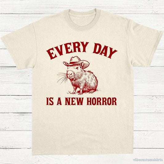 T-Shirt Natural / S Every Day Is a New Horror Vintage Shirt, Retro Cartoon Cabybara T Shirt, Weird T-Shirt, Cowboy Cabybara T Shirt, Fun Gift, Unisex Shirt