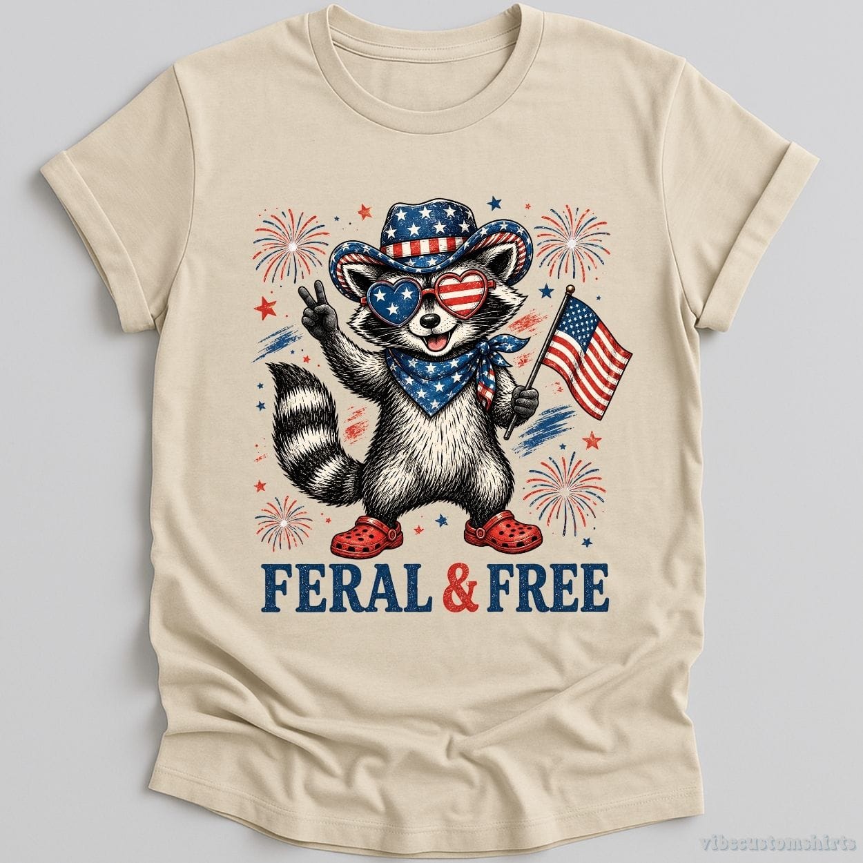 T-Shirt Natural / S Feral And Free Funny Patriotic Raccoon Shirt