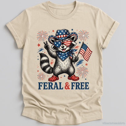 T-Shirt Natural / S Feral And Free Funny Patriotic Raccoon Shirt