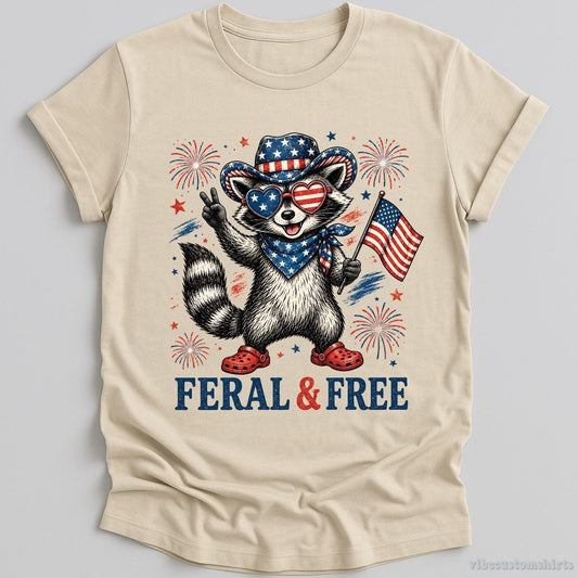 T-Shirt Natural / S Feral And Free Funny Patriotic Raccoon Shirt