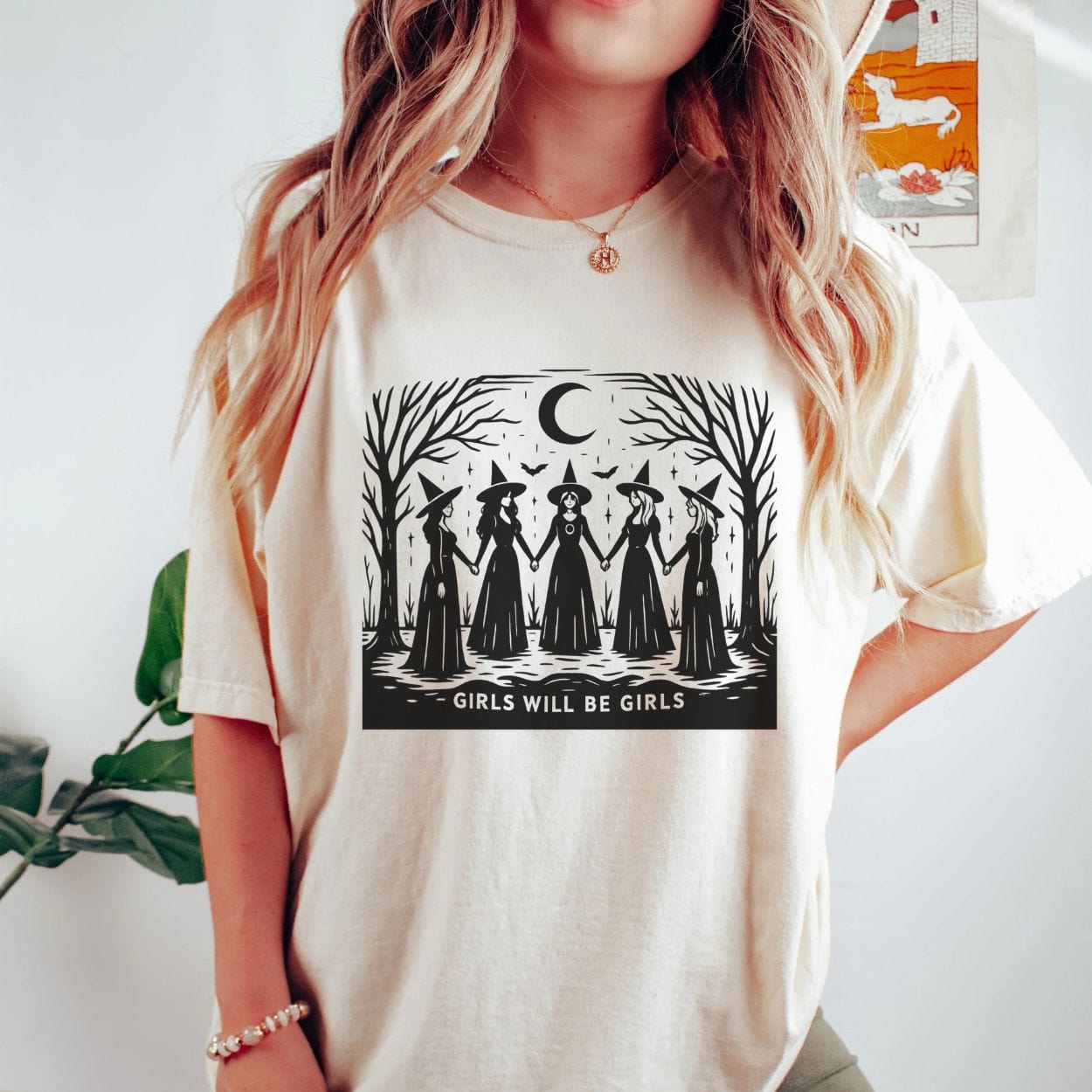 T-Shirt Natural / S Girls Will Be Girls Funny Witch Vintage Shirt