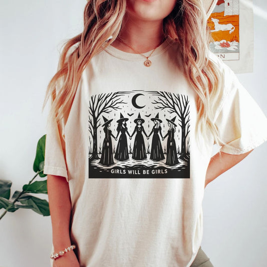 T-Shirt Natural / S Girls Will Be Girls Funny Witch Vintage Shirt