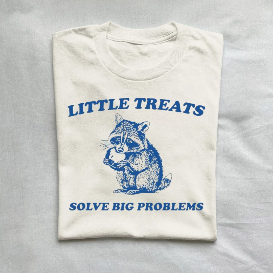 T-Shirt Natural / S Little Treats Solve Big Problems Cute Raccoon T-Shirt