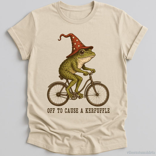 T-Shirt Natural / S Off To Cause A Kerfuffle Frog Riding Bike Frog Shirt