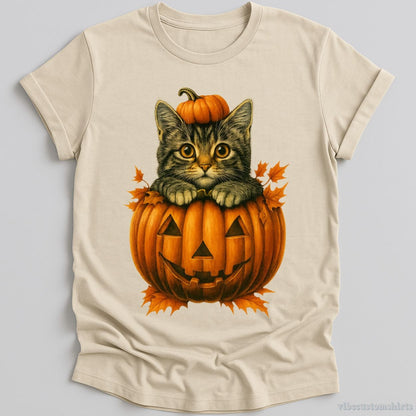 T-Shirt Natural / S Spooky Cat in Pumpkin Halloween Shirt