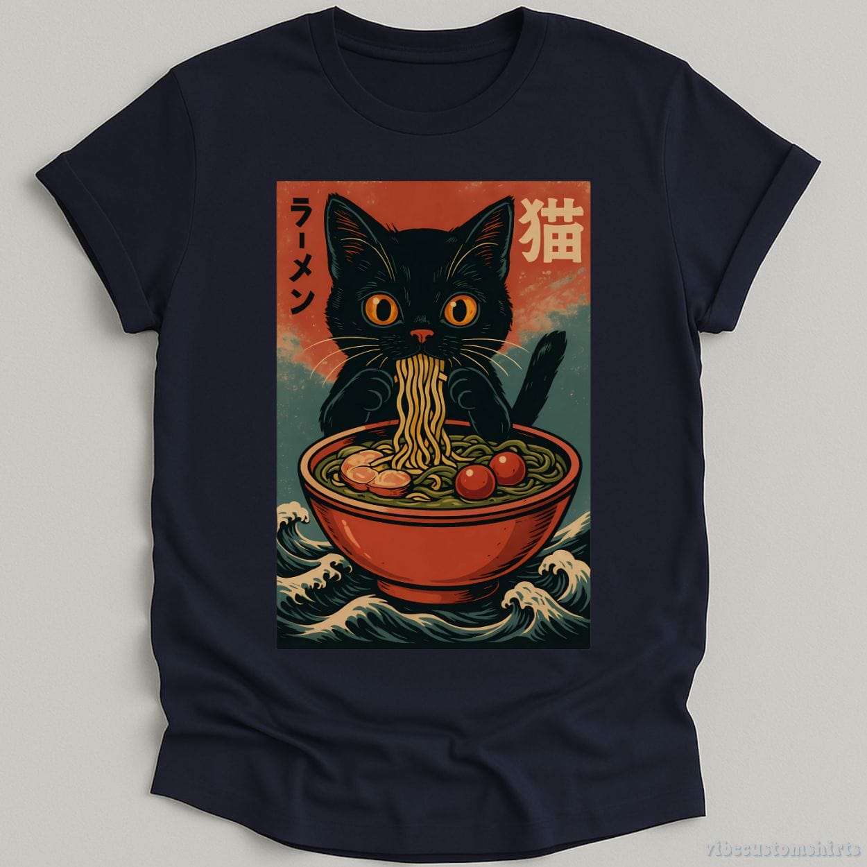 T-Shirt Navy / S Anime Cat Ramen Japanese Funny Graphic Shirt