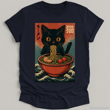 T-Shirt Navy / S Anime Cat Ramen Japanese Funny Graphic Shirt