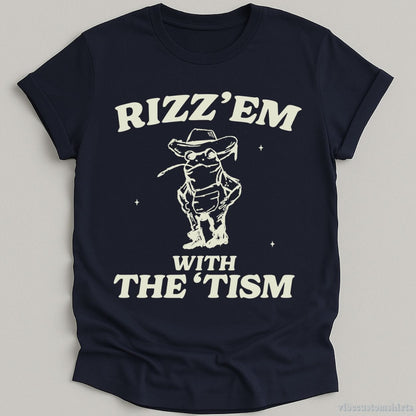 T-Shirt Navy / S Rizz Em With The Tism Vintage Shirt, Autism Awareness T-Shirt, Farmer Cute Frog Tee, Retro Cartoon T Shirt, Meme Frog T Shirt, Fun Gift