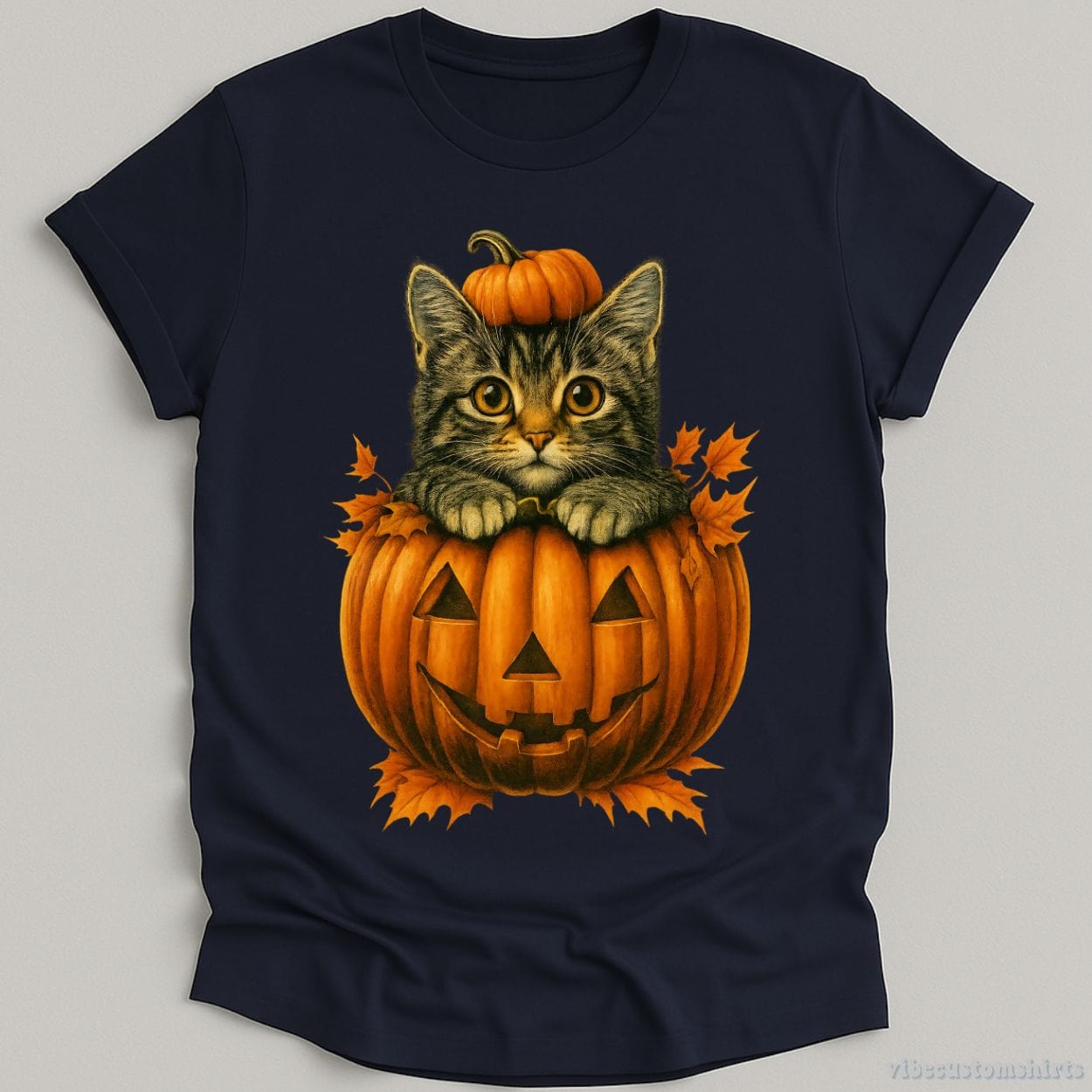 T-Shirt Navy / S Spooky Cat in Pumpkin Halloween Shirt