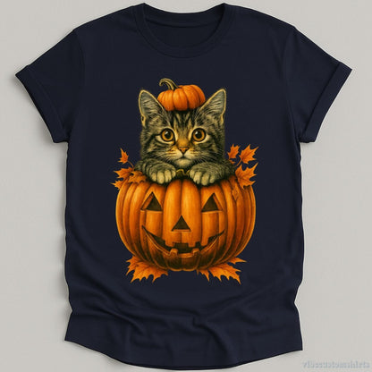 T-Shirt Navy / S Spooky Cat in Pumpkin Halloween Shirt