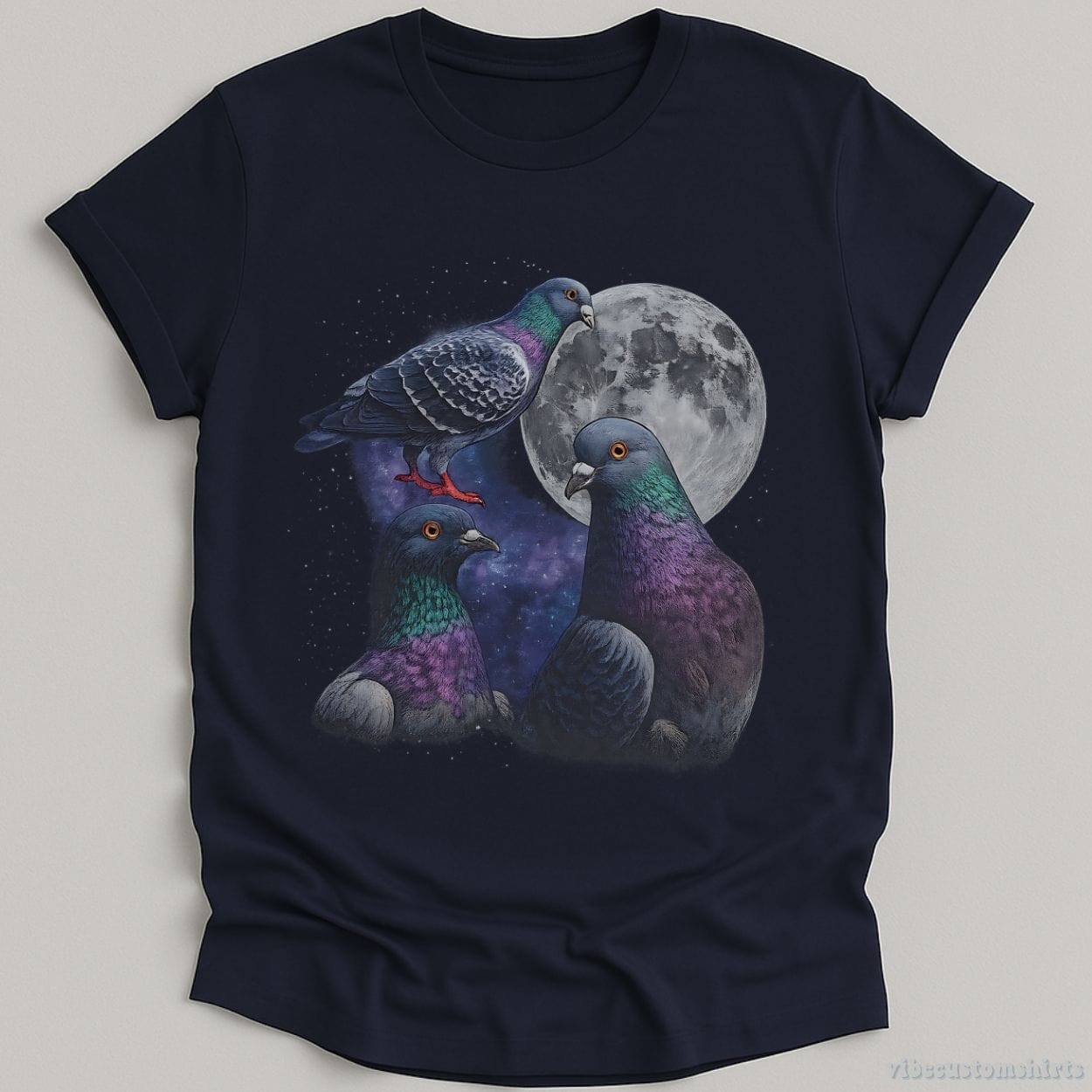 T-Shirt Navy / S Three Pigeon Moon Retro Funny Shirt