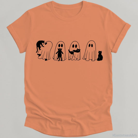 T-Shirt Orange / S Black Cat & Ghost Funny Halloween Shirt