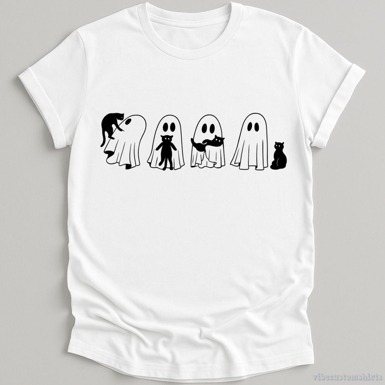T-Shirt White / S Black Cat & Ghost Funny Halloween Shirt