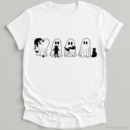 T-Shirt White / S Black Cat & Ghost Funny Halloween Shirt