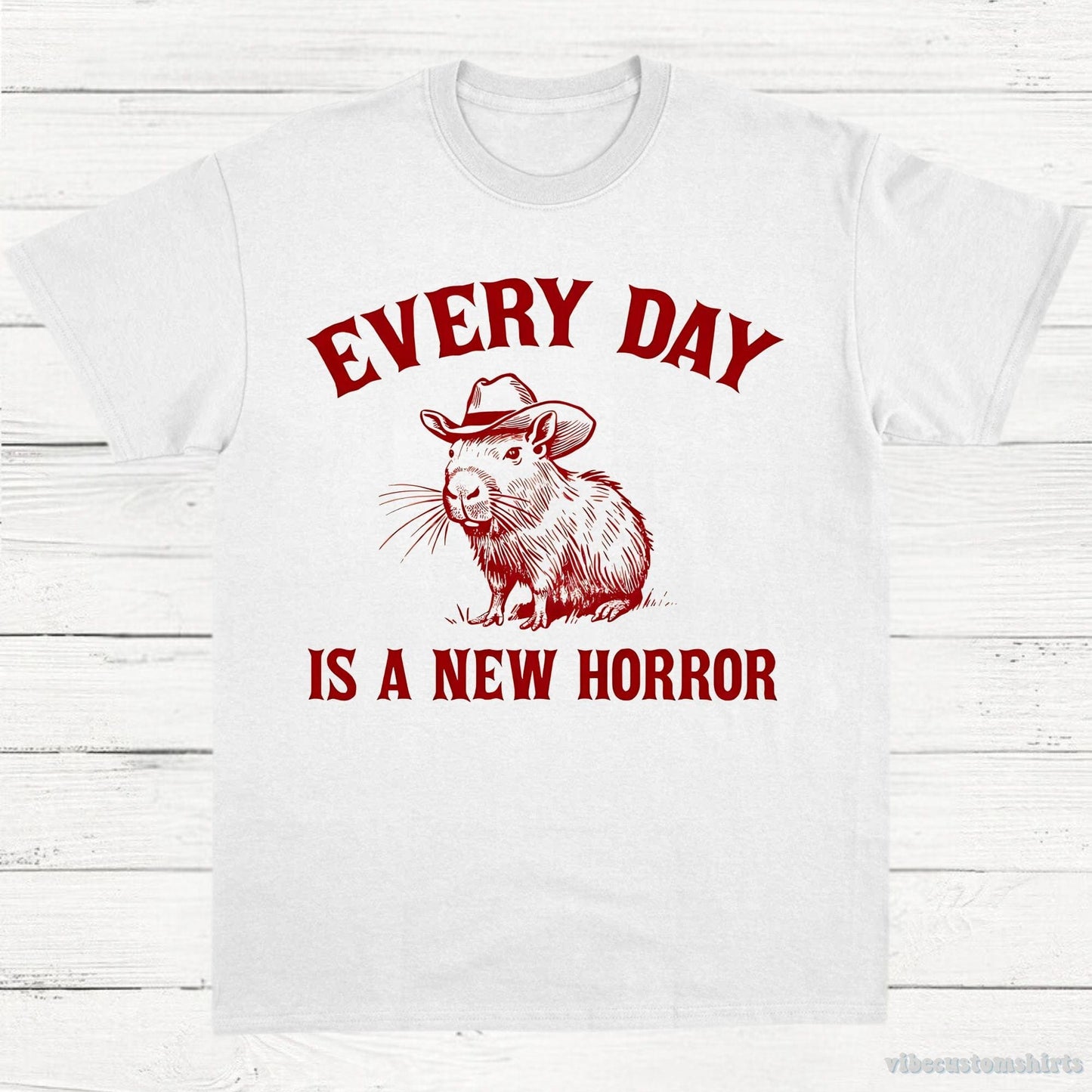 T-Shirt White / S Every Day Is a New Horror Vintage Shirt, Retro Cartoon Cabybara T Shirt, Weird T-Shirt, Cowboy Cabybara T Shirt, Fun Gift, Unisex Shirt