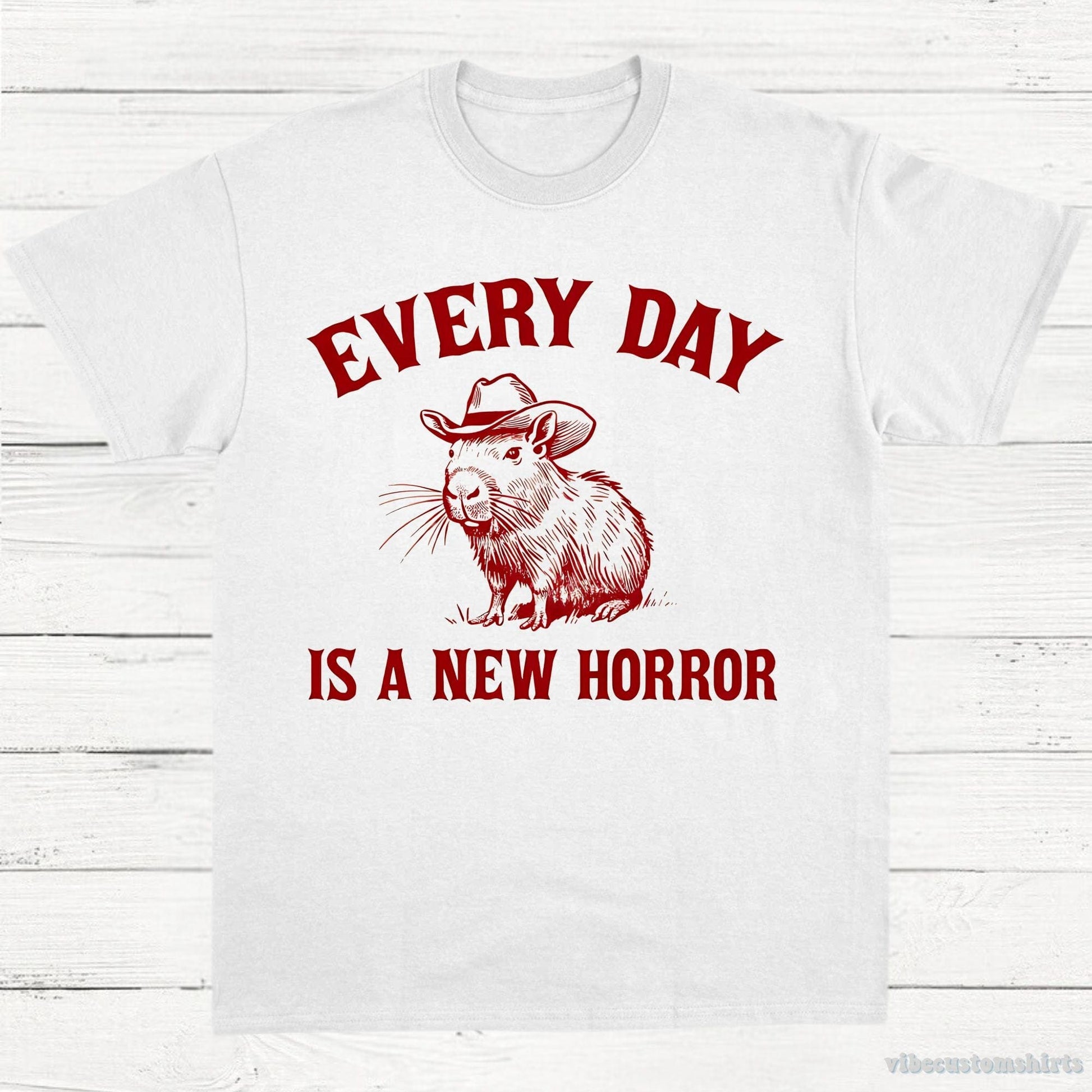 T-Shirt White / S Every Day Is a New Horror Vintage Shirt, Retro Cartoon Cabybara T Shirt, Weird T-Shirt, Cowboy Cabybara T Shirt, Fun Gift, Unisex Shirt