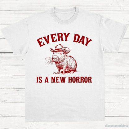T-Shirt White / S Every Day Is a New Horror Vintage Shirt, Retro Cartoon Cabybara T Shirt, Weird T-Shirt, Cowboy Cabybara T Shirt, Fun Gift, Unisex Shirt