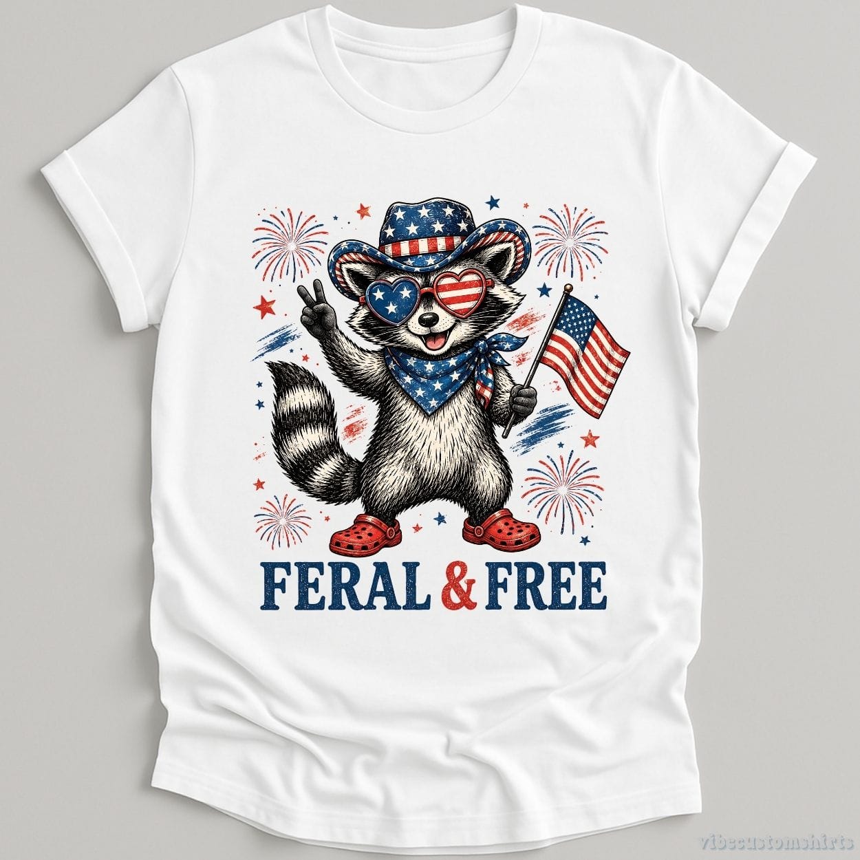 T-Shirt White / S Feral And Free Funny Patriotic Raccoon Shirt