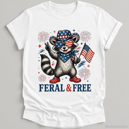 T-Shirt White / S Feral And Free Funny Patriotic Raccoon Shirt