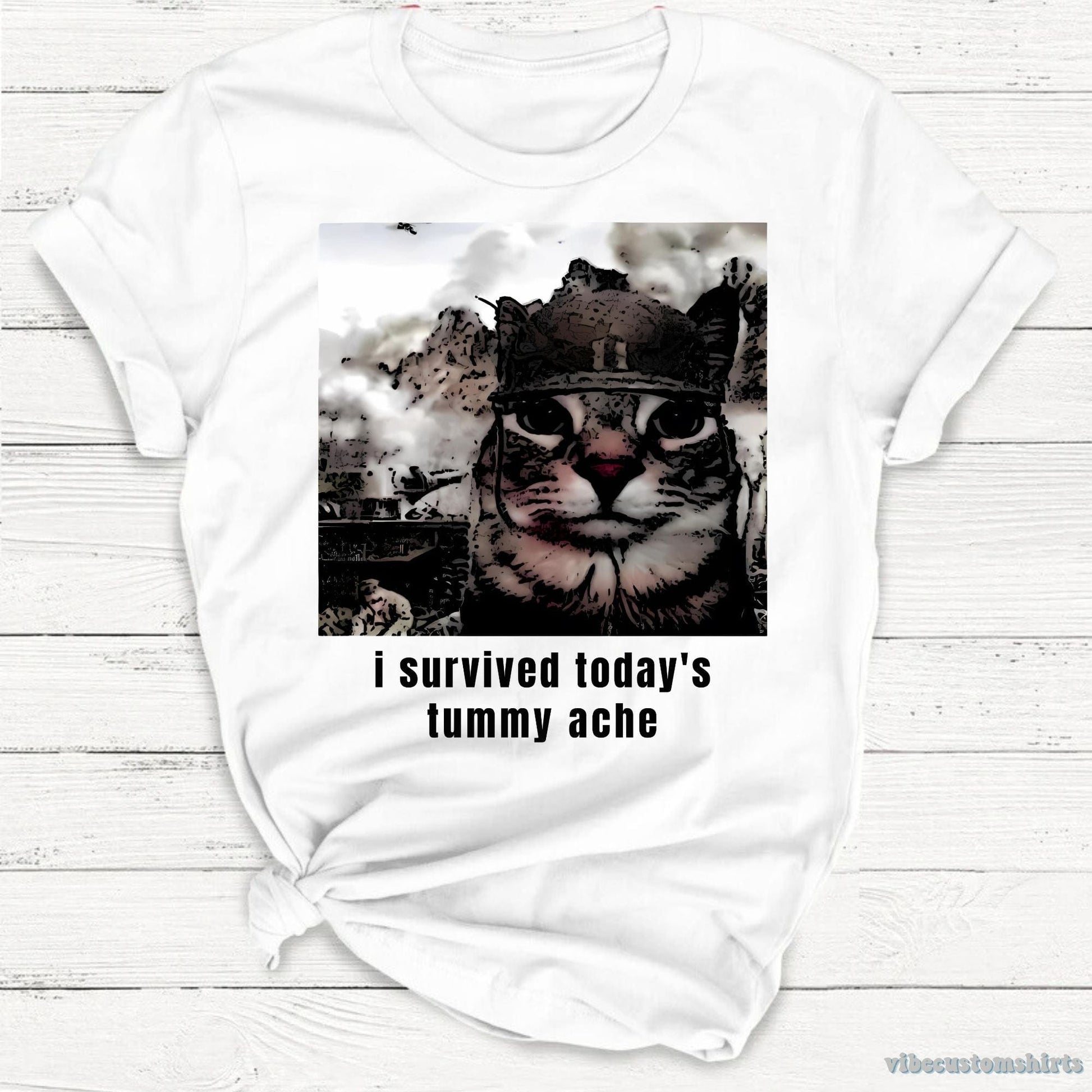 T-Shirt White / S I Survived Today's Tummy Ache Sarcastic Army Cat Meme Shirt