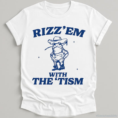 T-Shirt White / S Rizz Em With The Tism Vintage Shirt, Autism Awareness T-Shirt, Farmer Cute Frog Tee, Retro Cartoon T Shirt, Meme Frog T Shirt, Fun Gift